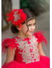 Cap Sleeves Gold Lace Red Tulle High Low Flower Girl Dress